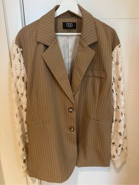 Beige Pinstripe Blazer with Ivory Crochet Sleeves
